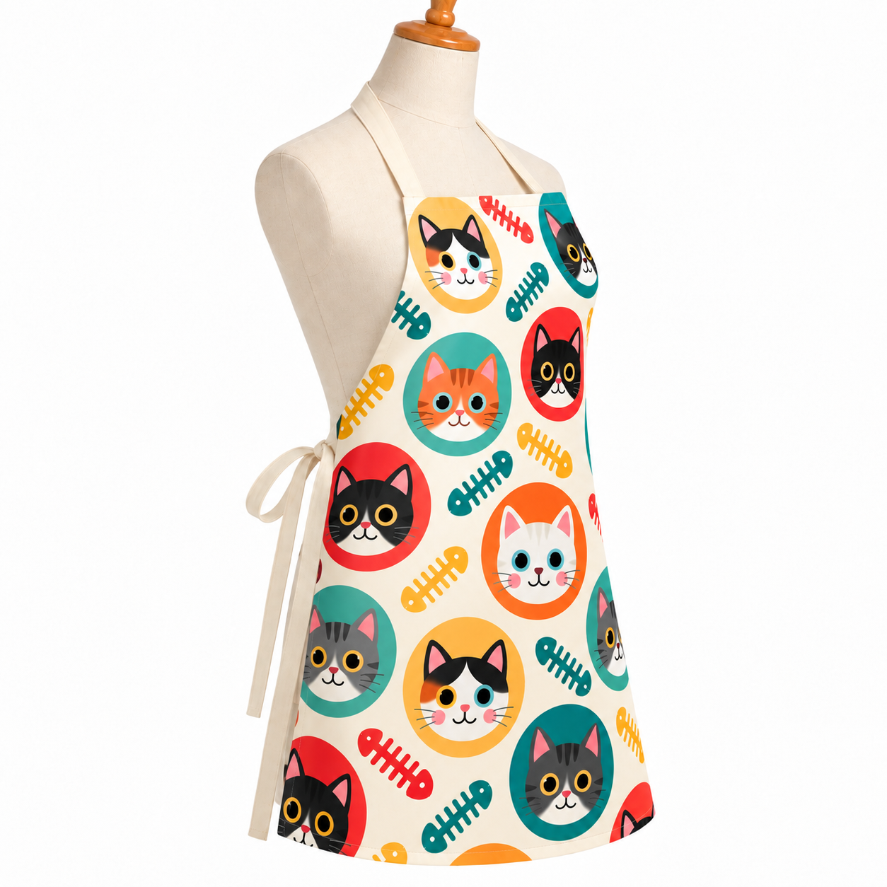 Kattenschort met kleurrijke kattenprint en visgraatjes vanuit schuin zijaanzicht