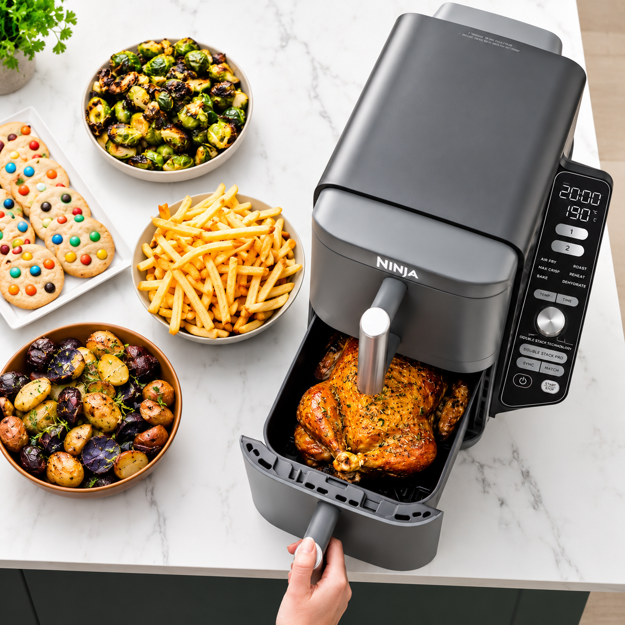 Ninja Double Stack SL400EU airfryer met kip, friet en verschillende gerechten